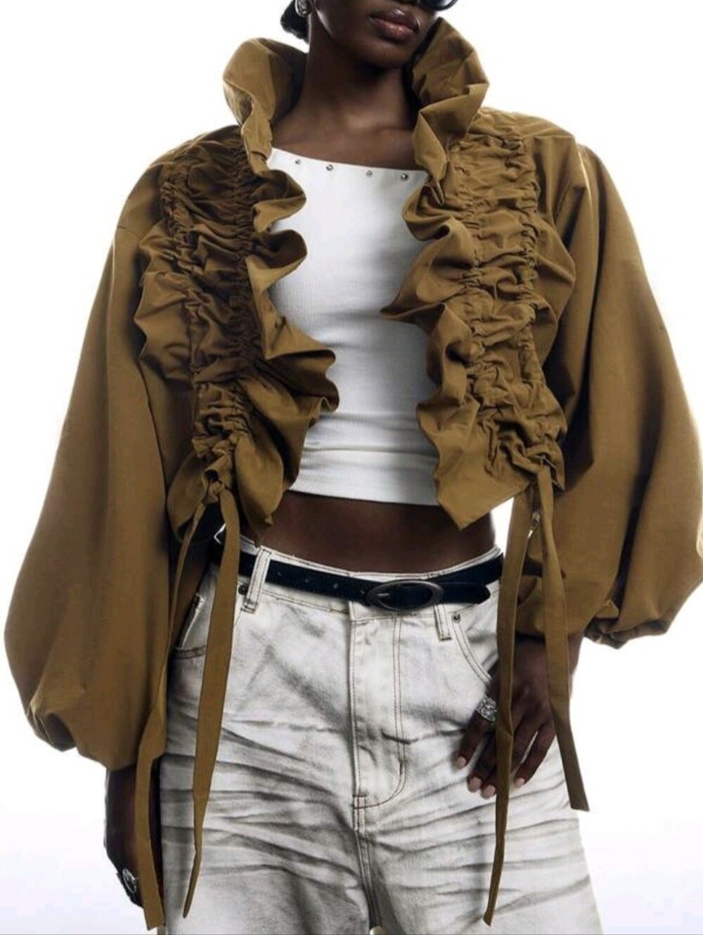 Women's Solid Color Long Sleeve Ruffle Drawstring Design Regular Jacket Office - Picture 6 of 9